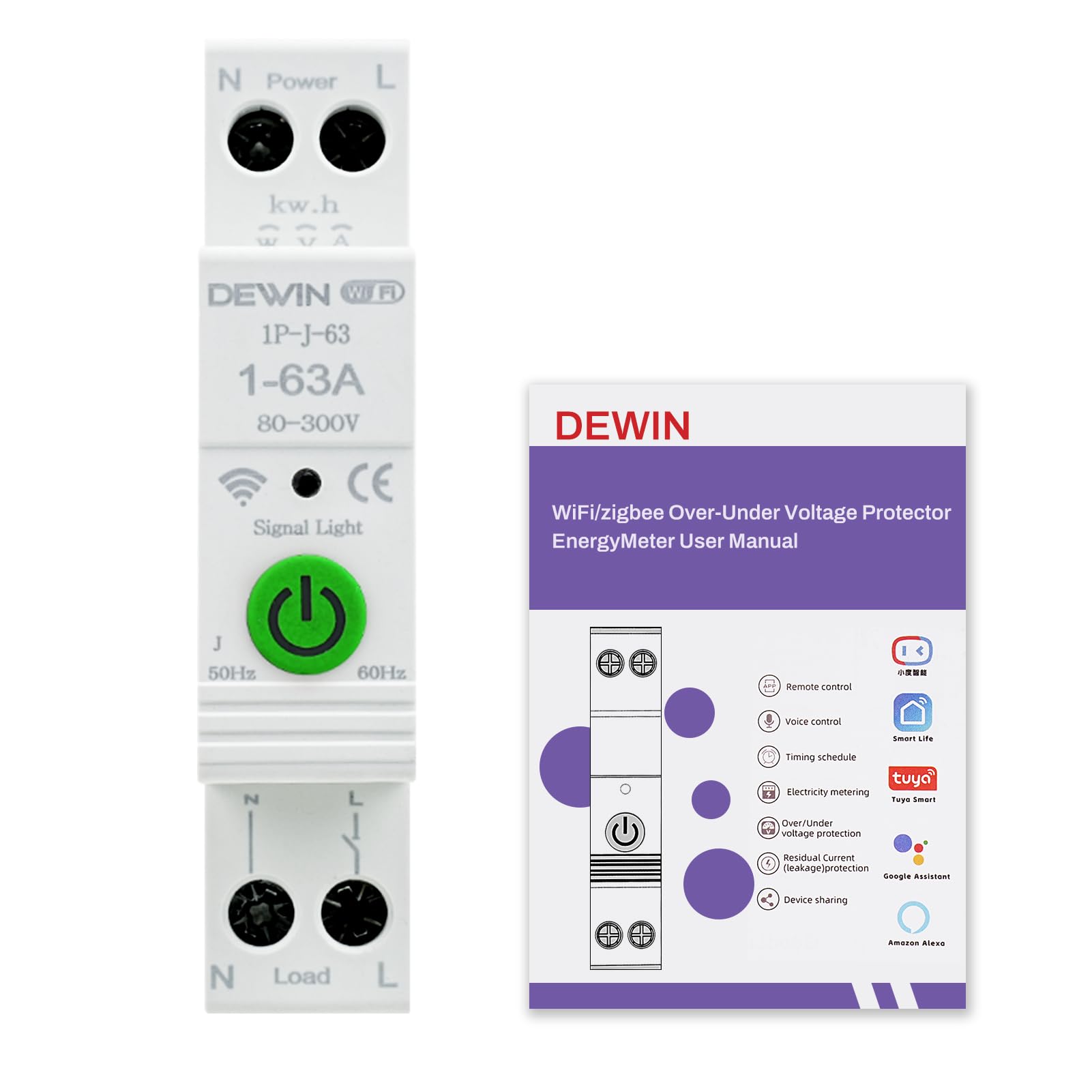 DEWIN WiFi Smart Circuit Breaker,1P 63A 230VAC Smart Switch Wifi Circuit Breaker Tuya Smart Switch You can see the amount of power etc.