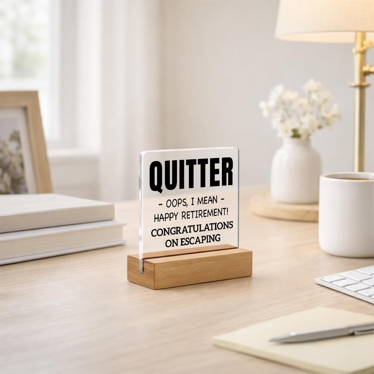 Funny Retirement Gifts for Women Men Coworker Boss, Quitter Congratulations On Escaping Quote Acrylic Plaque Sign With Wooden Stand, Office Party Decoration 4x4 Inch image 3
