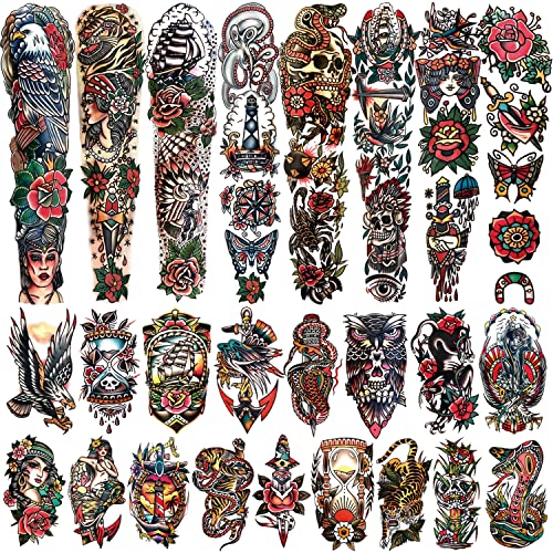 55 Sheets Classic Full Arm Temporary Tattoos Old School Tattoos Stickers, Sailor Jerry Style Fake Tattoo Sleeve, American Traditional Flower Half Arm Temporary Tattoos For Women Men Adults Kids #TOP16