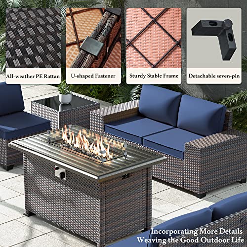 Image of 13 PCS Outdoor Patio Furniture Set,Outdoor Sectional Furniture with 43 inch 55000 BTU Gas Propane Fire Pit Table,All Weather PE Rattan Wicker Patio Conversation Set,Navy Blue