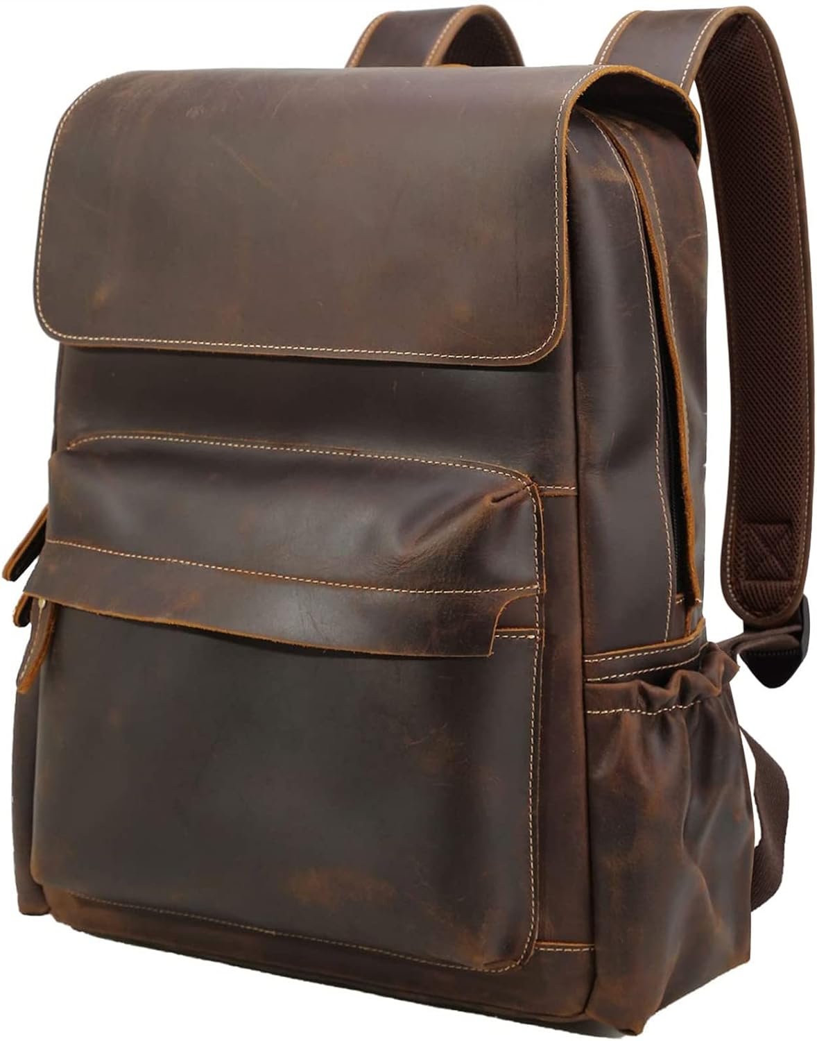 Vintage Full Grain Leather 15.6 Inch Laptop Backpack for Men Casual Travel Work Bag Bookbag Daypack with YKK Zipper Brown