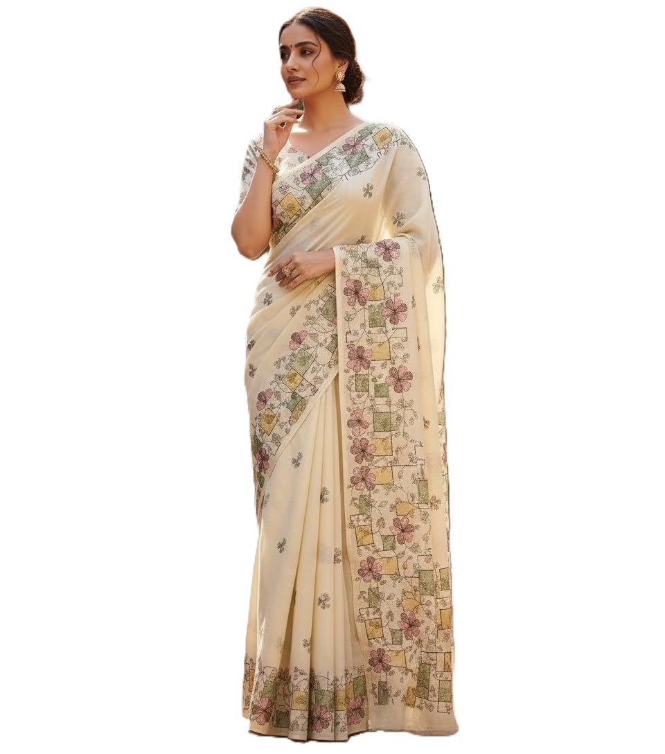 Cream Cotton Linen Blend Saree with Floral Print, 5.5 Meter, Blouse Piece Included, Festive and Daily Wear-image-0