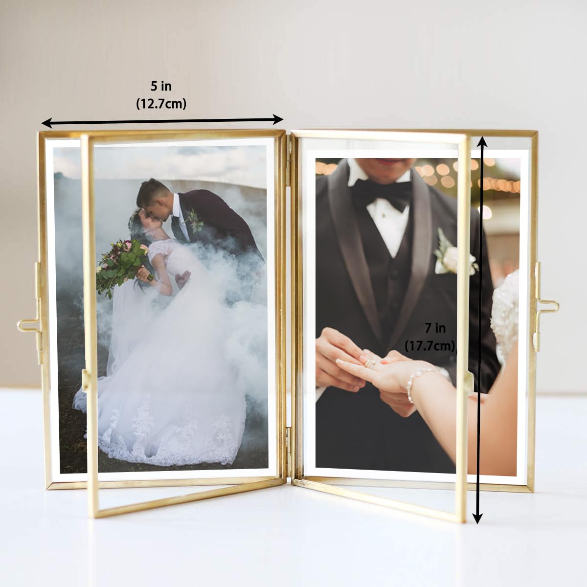 WONTHAI Gold Picture Frame - 5×7 Double Folding Glass Frame for Pressed Flowers - Vintage Brass Metal and Floating Frame - Hinged Photo Vertical (5 * 7)