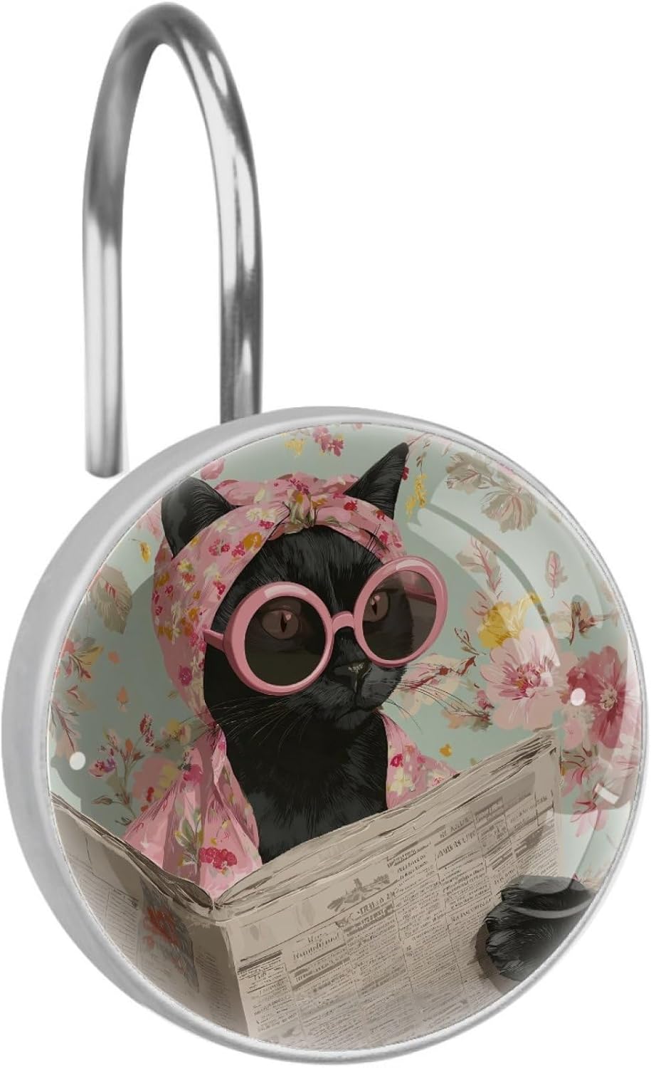 12 PCS Elegant Cat Reading Newspaper Shower Curtain Hooks, Rustproof Crystal Glass Shower Curtain Rings Decorative Shower Hooks, Round Shower Rings Hangers, Home Bathroom Bedroom Decor