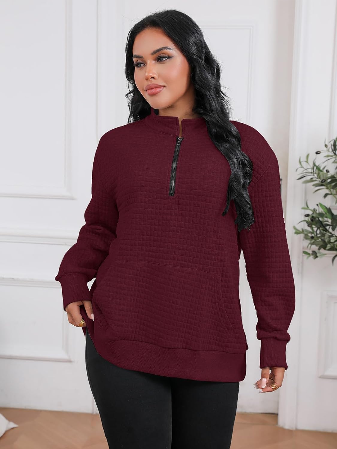 Plus Size Sweatshirts For Women Half Zip Long Sleeve Casual Fall Pockets Pullover Oversized Drop Shoulder Top - Image 3