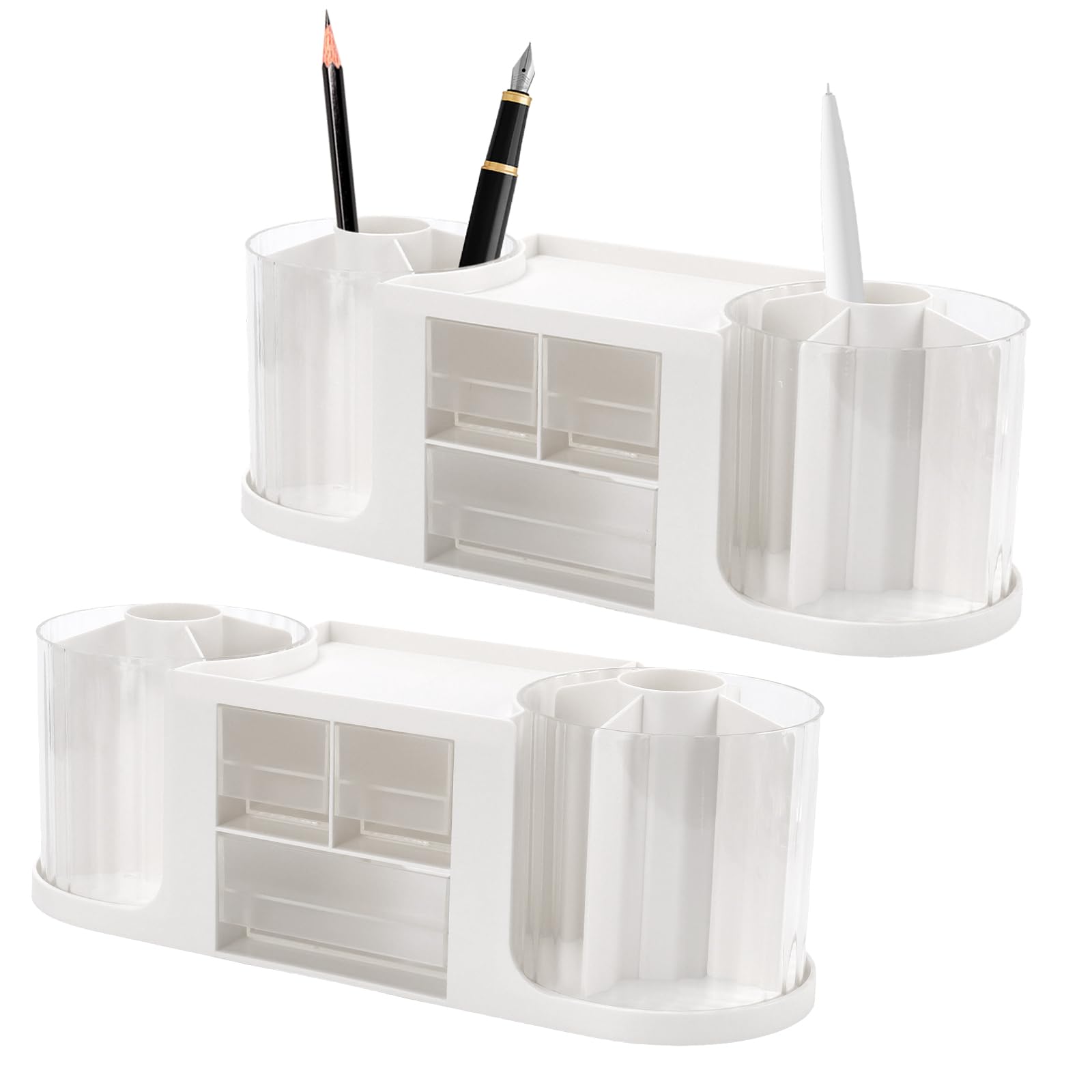 SINJEUN Portapenne a Doppia Rotazione, 2 Pezzi, Organizer Scrivania in Plastica Bianca Trasparente, 36,5 x 12,6 x 13 cm
