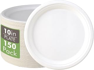 Vplus 150 Pack 10.25 Inch Compostable Paper Plates - Heavy Duty 100% Bagasse Biodegradable Sugarcane Disposable White Plates