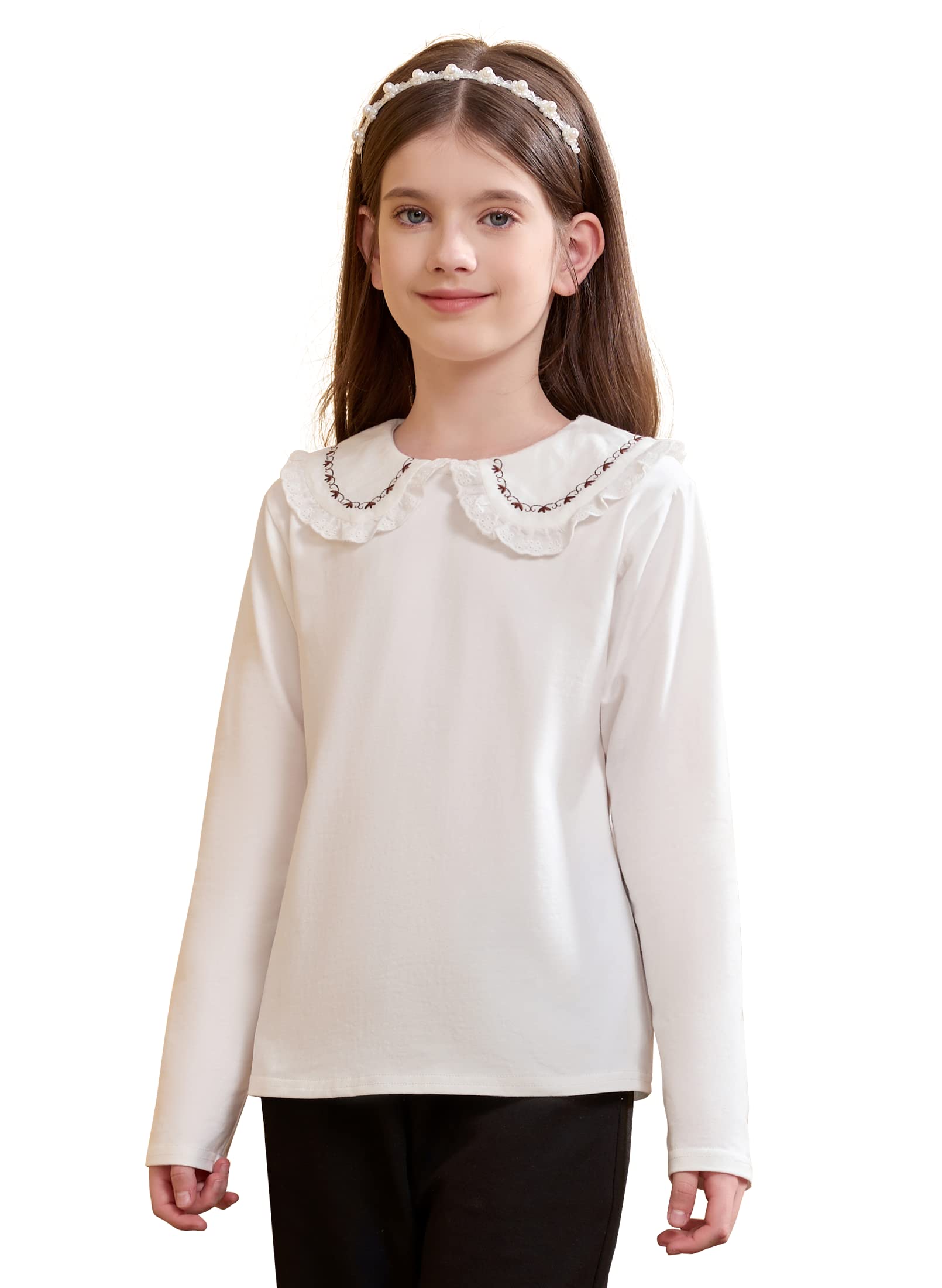 maoo garden Blusa Blanca para Niñas Camisas de Vestir Uniformes con Botones de Manga Larga con Volantes de Peter Pan