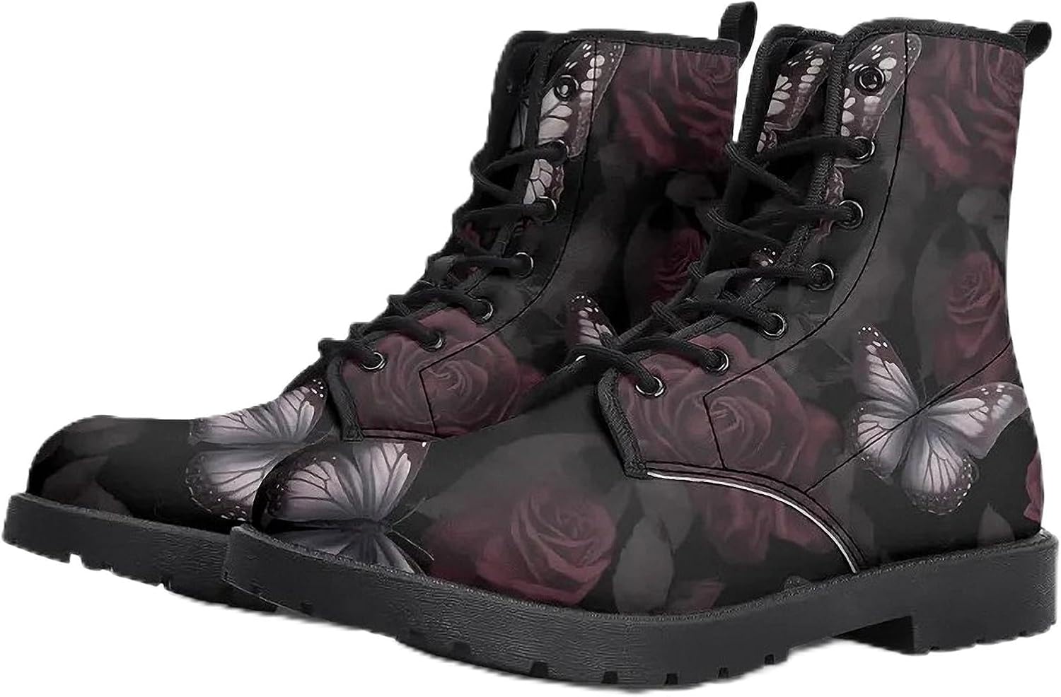 Women's Floral Combat Boots Gothic Vintage Boho Hippie Printed Ankle Booties Lace-Up Platform Vegan Leather Comfortable Shoes Custom Boot for Travel Casual Daily Outdoor Walking Dating, Moody