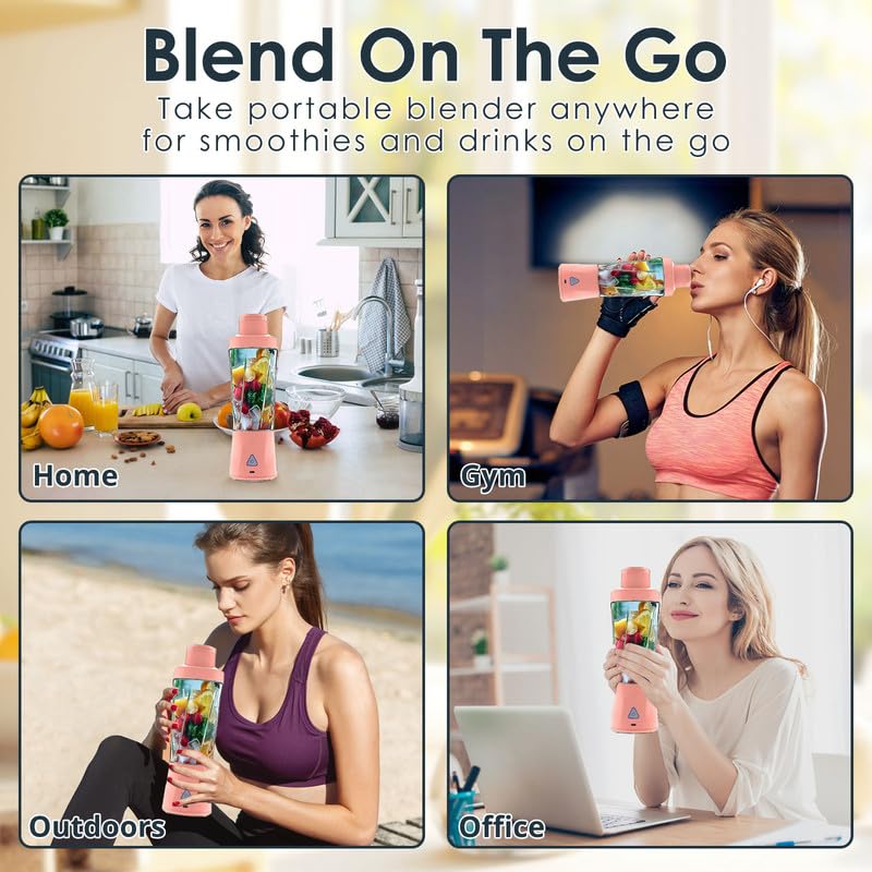 Personal Blender Mini frullatore portatile senza fili, senza fili, 360 Watt, per frullati, succhi appena spremuti, 6000 mAh, autopulente e senza BPA, con 6 lame affilate, rosa carino