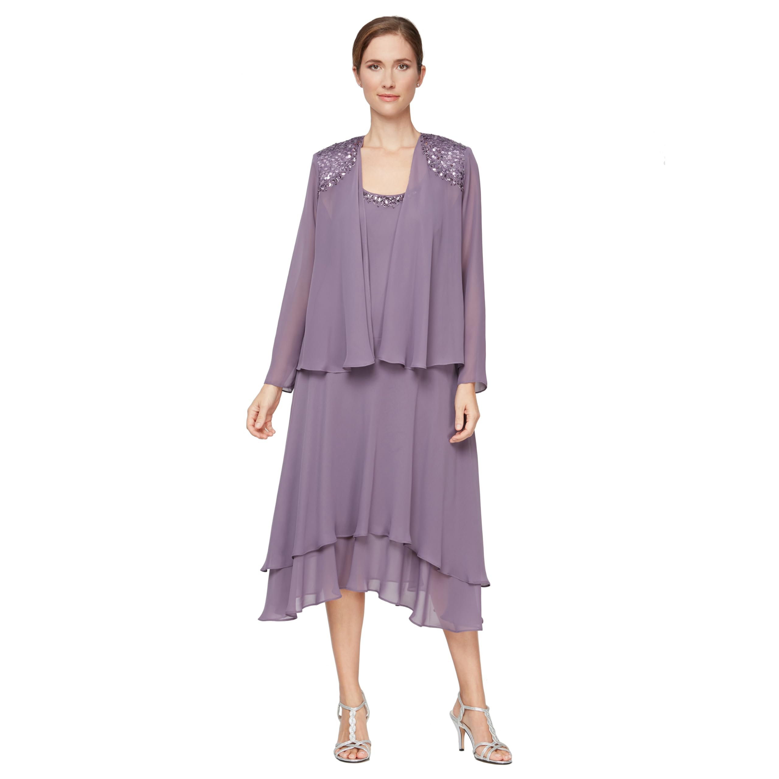 S.L. Fashions Women's Embellished Chiffon Tiered Jacket Dress Special Occasion, ICY Orchid, 10 Petite