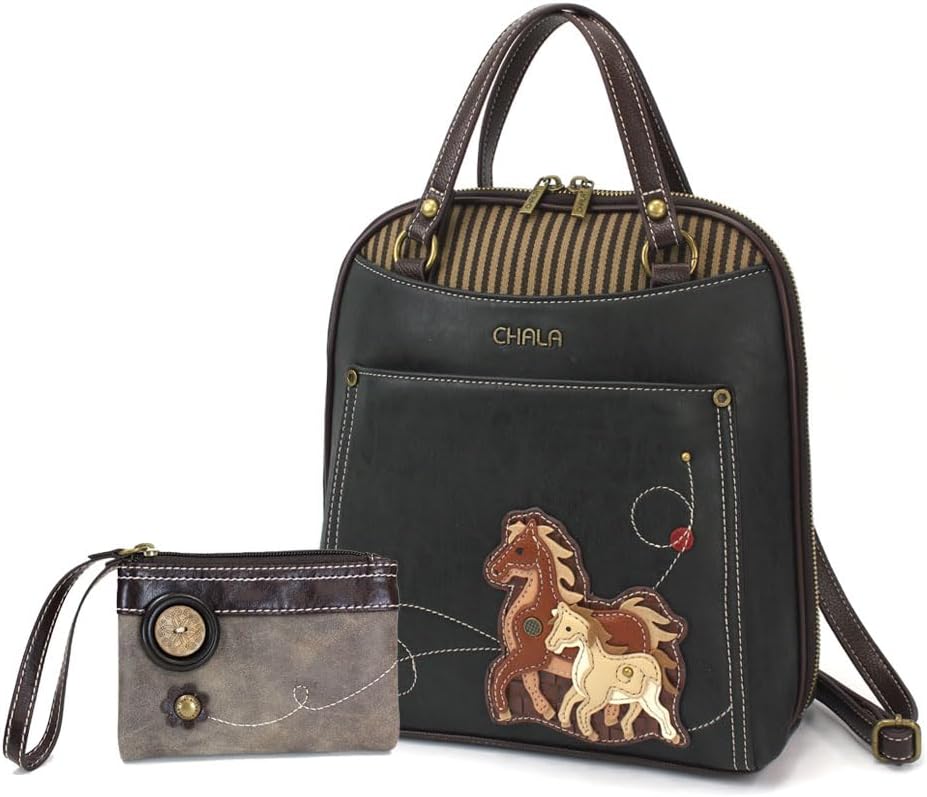 Chala Handbags Convertible Mini Backpack Purse and Double Fold Wallet Bundle, Multi-Color (Horse Backpack and Wallet Combo)
