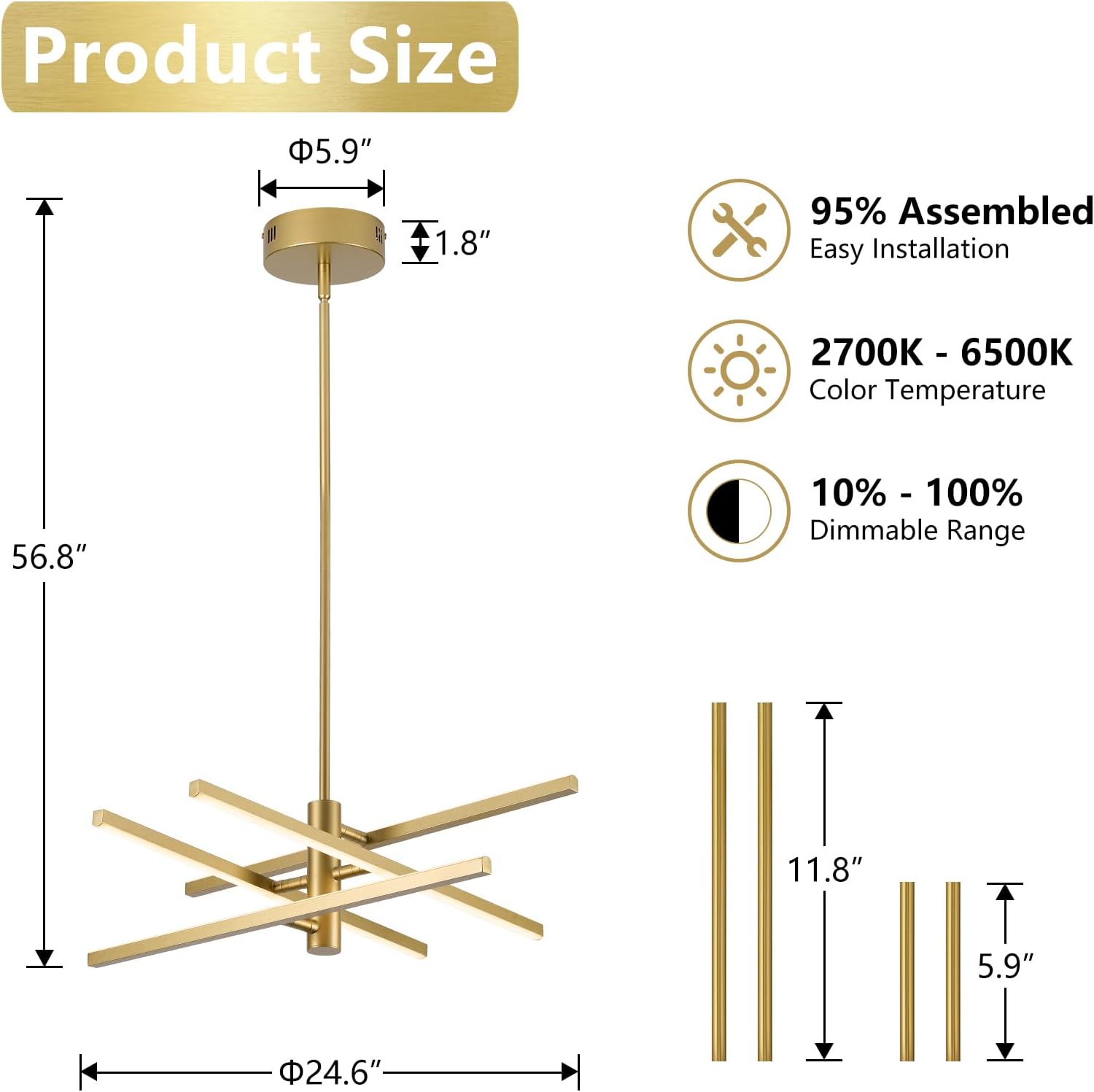 Modern Gold Chandelier Light Fixtures: 2 Pack LED 4-Light Sputnik Dining Room Chandeliers Linear Pendant Lights Fixture Over Table Dimmable with Remote for Kitchen Island Living Room