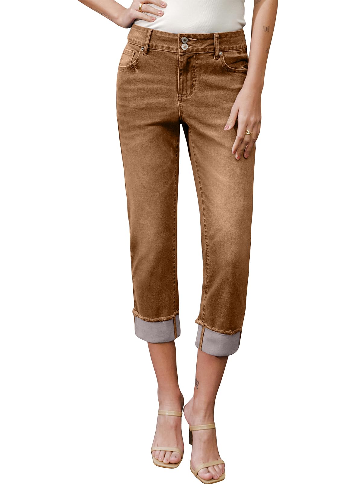 Sidefeel Womens Capri Jeans High Waisted Stretchy Roll-up Skinny Cuffed Cropped Zimbaplatinum Summer Capri Pants