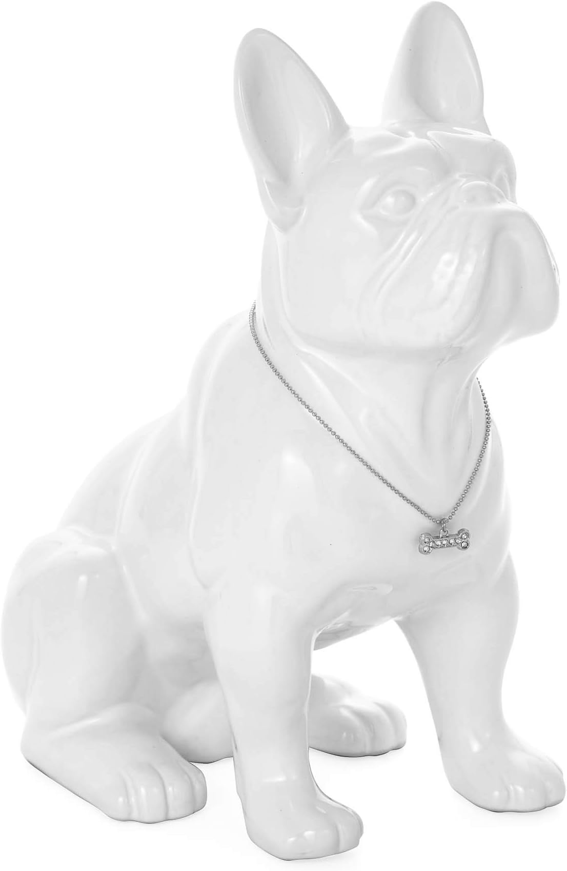 Torre & Tagus Sitting French Bull Dog Statue - 12” Tall French Bull Dog Sculpture for Living Room Mantle - Dog Room Decor - Ceramic White Dog Statue with Silver Necklace for Bedroom, Office - White