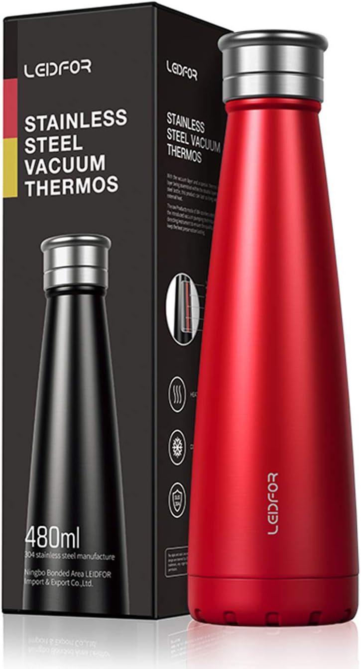Leidfor Stainless Steel Water Bottle, Double Wall Vacuum Insulated Sport Water Bottle, Travel Thermos 16-Ounce Red