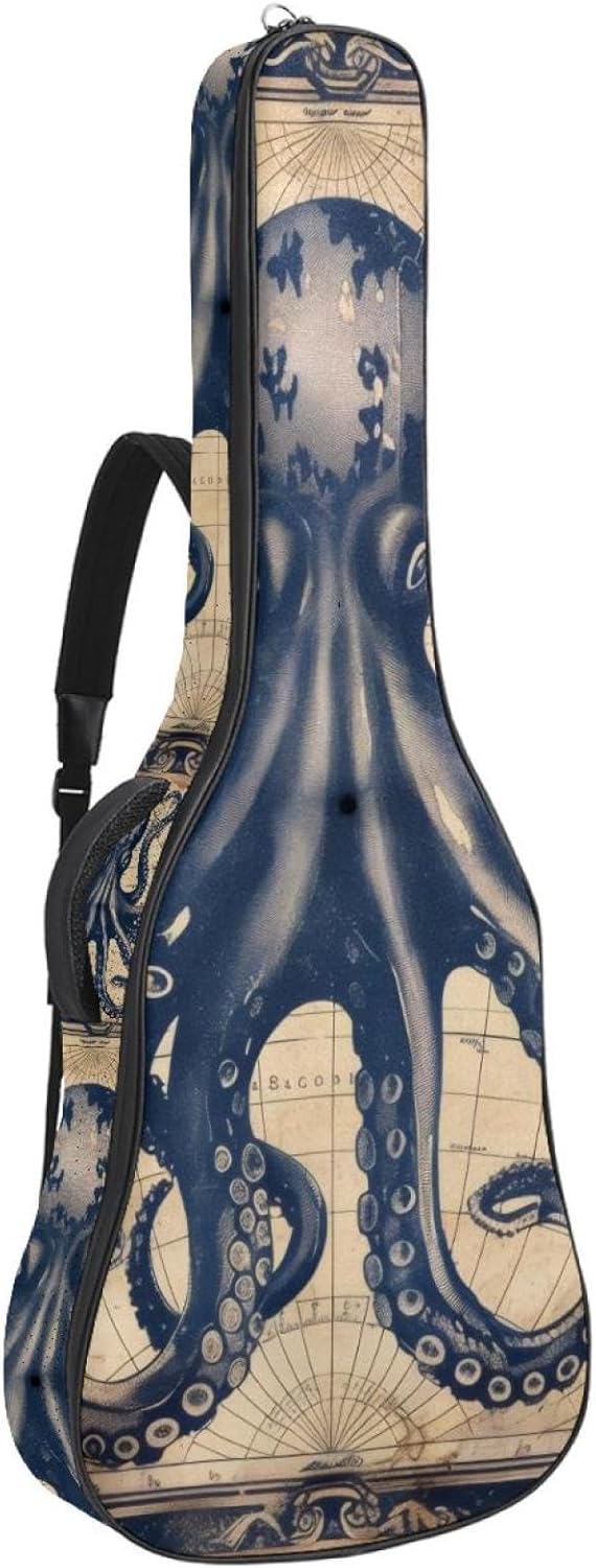 Acoustic Guitar Gig Bag 1 cm Thick Padding, Waterproof Electric Guitar Bag 40-42 Inch Guitar Case Backpack with Dual Shoulder Strap, Funny Ocean Octopus Anchor Vintage Coastal Map