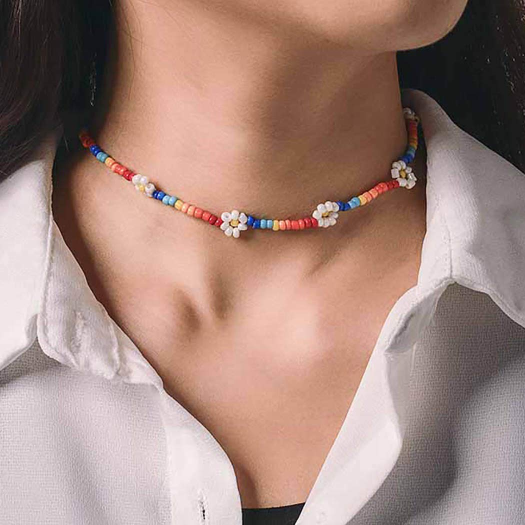 ObmyecBeaded Choker Daisy Rainbow Necklace Boho Colored Seed Bead Short Sunflower Necklaces Summer Glass Beads Dangle Collar Hawaii Beach Collar Jewelry for Women and Girls