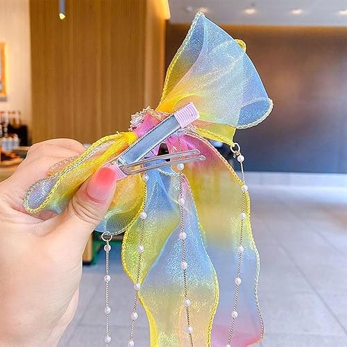 Miniatura 5 de Ulfanit 2 pinzas para el pelo de unicornio de sirena para niñas, pinza de pelo de princesa iridiscente con borlas de cinta, horquilla de cola larga,