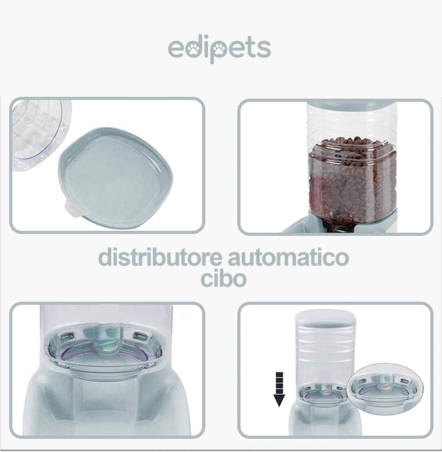 Edipets, Dispenser Cibo Gatti, Cani, Automatico, 2 Unità, 3.8L, Dispenser di Crocchette e Acqua per Animali Domestici (Grigio)
