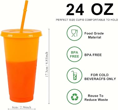 24oz Color-Changing Reusable Plastic Cups with Lids & Straws - 10 Pack Bulk Party Cups for Adults, Iced Coffee, Tea, Smoothies (BPA-Free, Durable, Leak-Resistant)