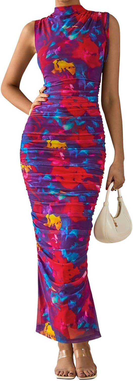 PRETTYGARDEN Women's Summer Maxi Floral Dresses Ruched Bodycon Sleeveless Mesh Formal Wedding Guest Cocktail Split Long Dress