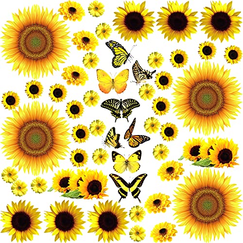 53 Pcs Sunflower Daisy Wall Decals Butterfly Wall Stickers, Waterproof Sunflower Decals, Sunflower Wall Decor, Flower Mural Stickers For Bathroom Room (Medium) #TOP26
