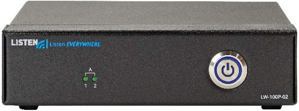 ด้านหน้า view ของเซิร์ฟเวอร์ Listen Everywhere พร้อมปุ่มเปิด/ปิดและไฟแสดงสถานะช่องสัญญาณ