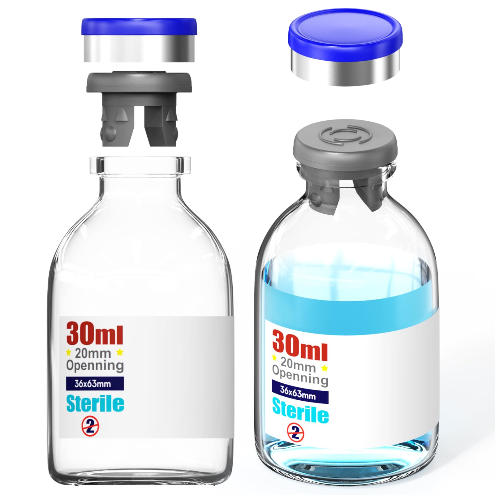 Ks-Tek Sterile Empty Vial with Separately Butyl Rubber Stopper and Flip Top Closure,Removable,After Filling,Need to Seal by CrimperType 1 Borosilicate Glass Tubing (30ml)