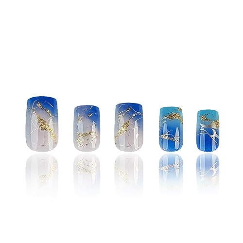 Miniatura 5 de RTKFZE - Paquete de 24 uñas postizas medianas a presión cuadradas, uñas acrílicas medianas largas con hilo dorado, uñas postizas con purpurina, uñas