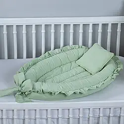 Ninho Redutor de Berço Babado Percal 200 Fios Algodão (Verde, 1)