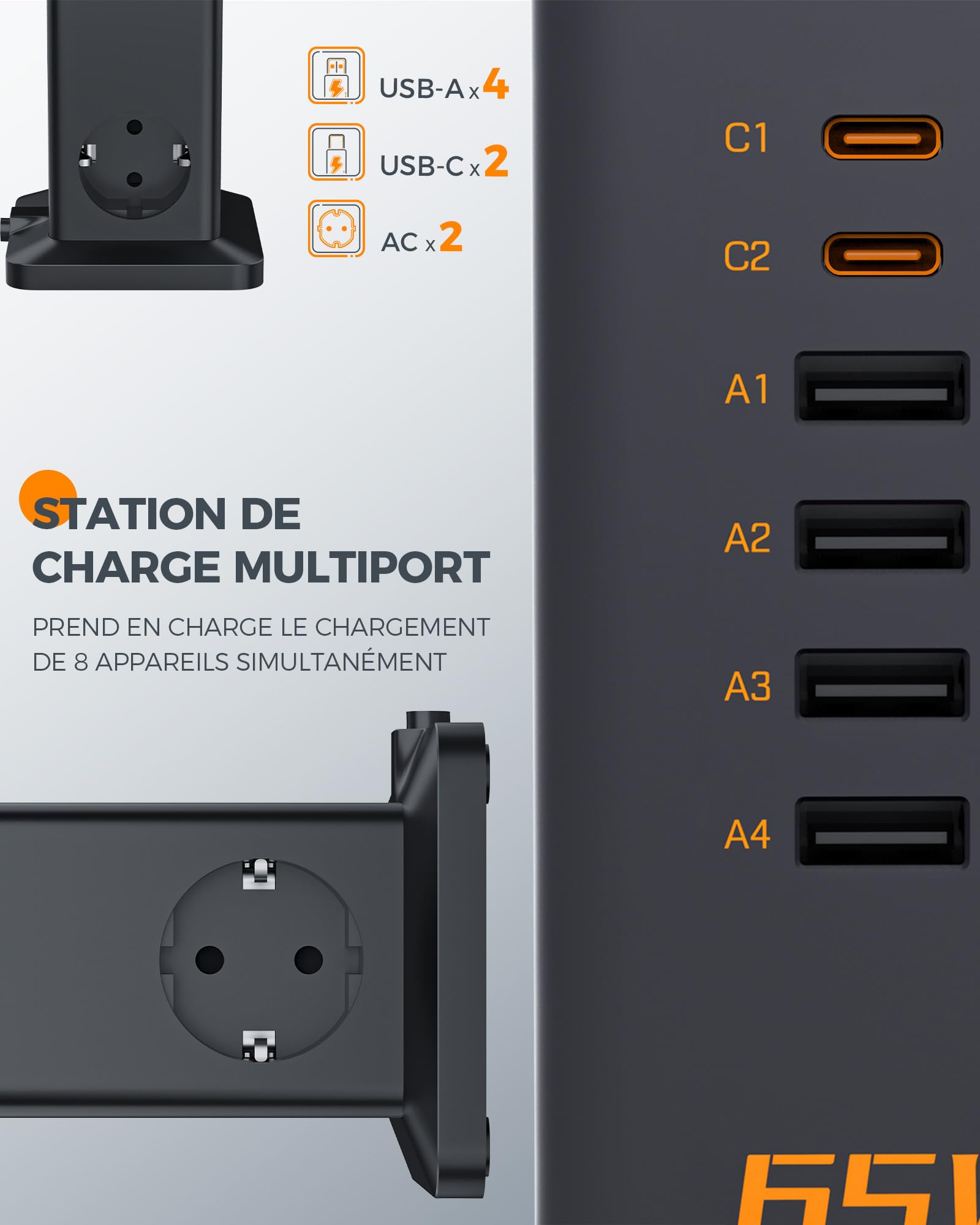 TESSAN Bloc Chargeur USB C Multiple, PD 65W Chargeur Rapide GaN avec 6 Ports (4 A et 2 C) et 2 Prises, Prise USB Secteur, Station de Charge avec câble 2m pour Le Bureau et Les Voyages