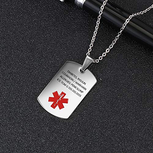 Medical Alert Pendant Necklace for Men Women Custom Engraved Name ID Tag Stainless Steel Necklace Emergency Med Alert Necklace for Men Women Medical Alert Jewelry(Silver)