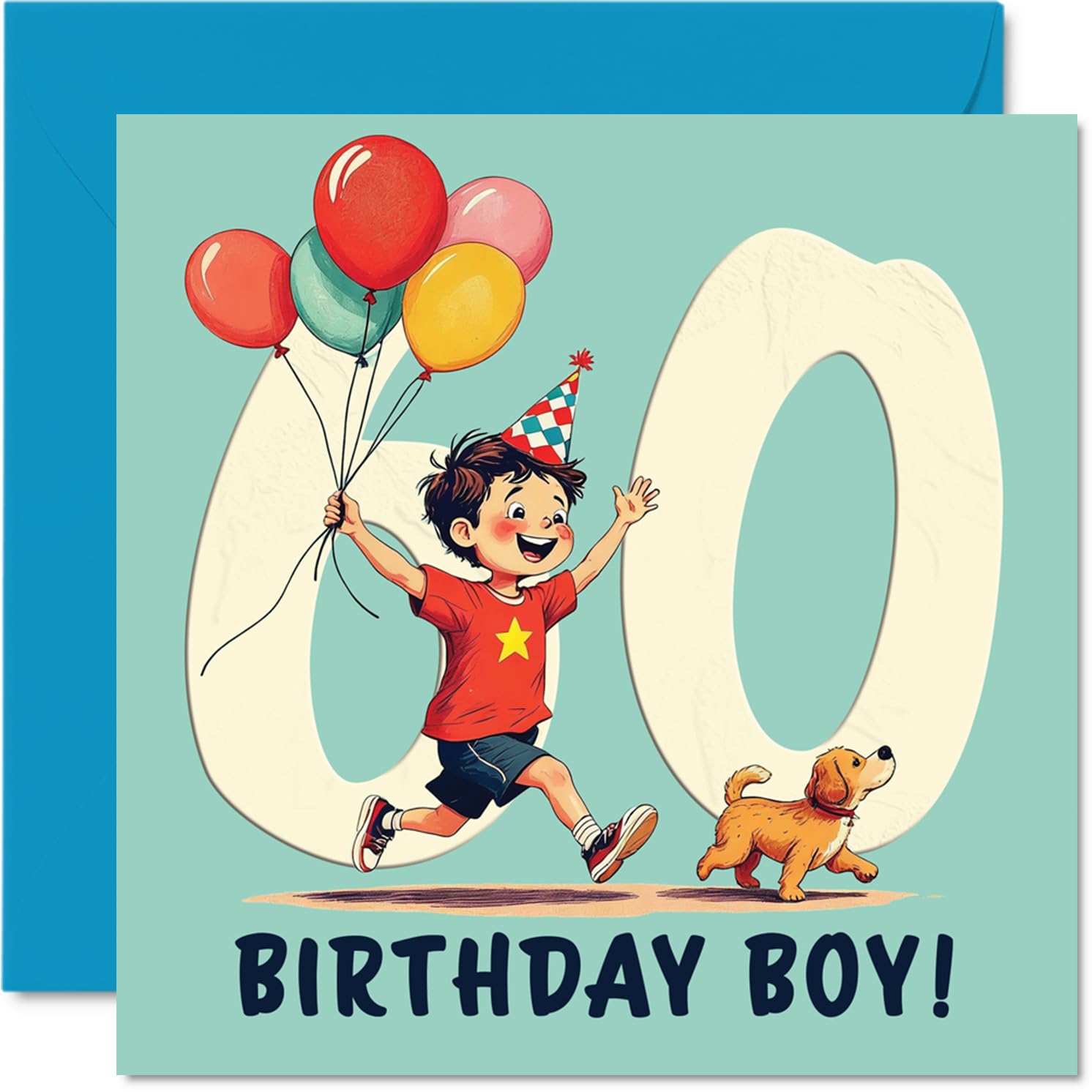60th Birthday Cards for Men - Balloon Boy - Happy Birthday Card for 60 Year Old Man Brother Friend Grandad Cousin, 145mm Bday Greeting Cards