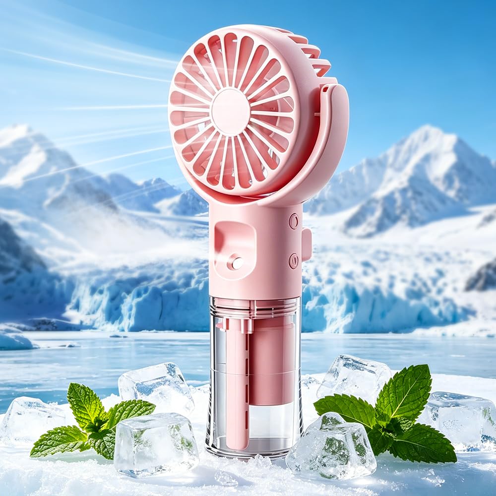 Portable Handheld Humidifier Fan, USB Rechargeable Sports Pocket Mini Fan with 4 Speeds, Handheld Rechargeable USB Portable Mist Fan for Outdoor Travelling or Indoor Office Home Humidifier, Pink