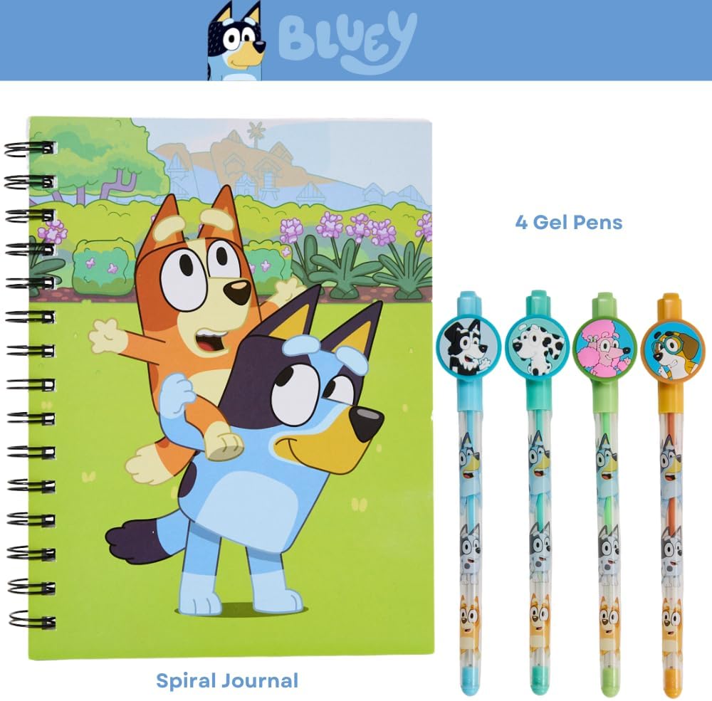 Innovative Designs Bluey Journal Set with Pens for Kids, Boys, and Girls, 80 Lined Page Spiral Notebook with 4 Colored Gel Pens - Bluey and Bingo