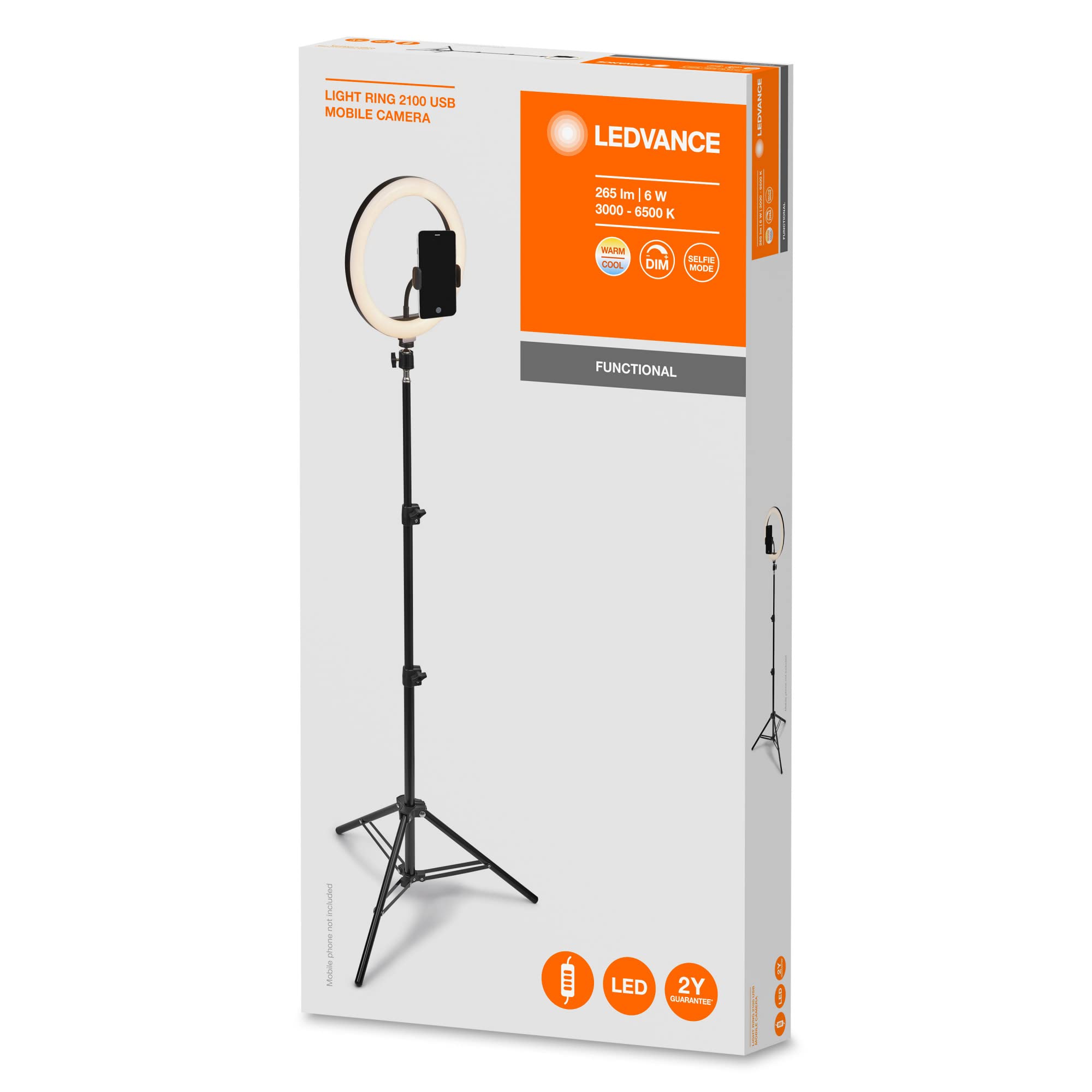 LEDVANCE Luce ad anello a LED con supporto 2100mm con connessione USB, 120 LED dimmerabili, 3000-5800k, 10W, 190mm, Luce ad anello per cellulare, make-up, fotografia con telecomando Bluetooth