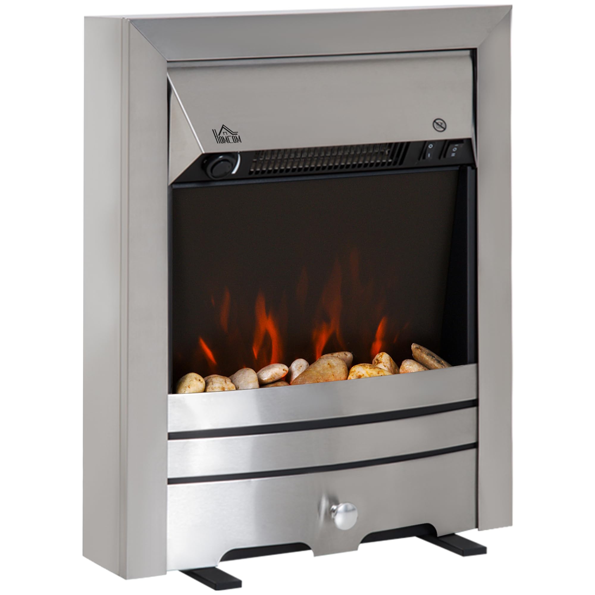 HOMCOM 2KW Stainless Steel Electric Fireplace Pebble Burning Effect Heater