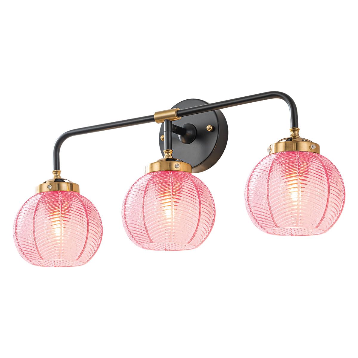 Modern Bathroom Light Fixture Pink Wall Lights with Ribbed Glass Shade 3-Lights Vintage Black Vanity Light Over Mirror Wall Sconce Decor Lighting Fixtures for Bath Farmhouse Bedroom
