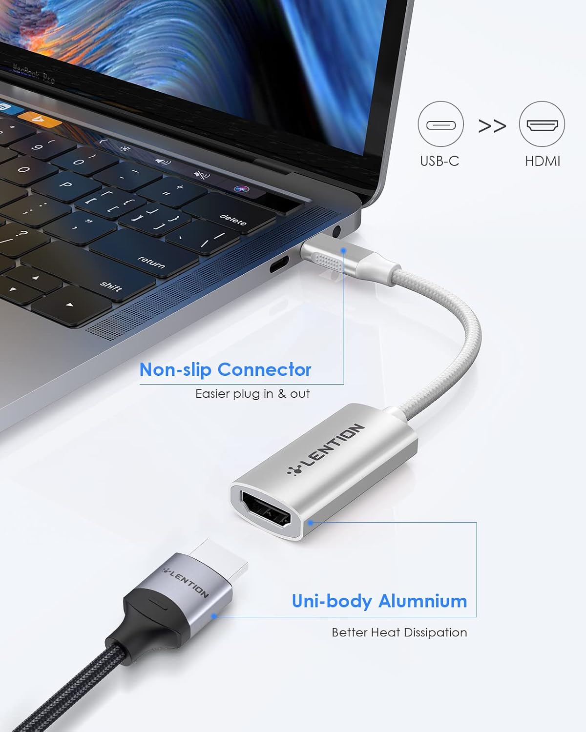 LENTION 4K@60Hz USB C to HDMI Adapter,Thunderbolt 3/4 to HDMI Adapter,HDMI to USB-C Adapter,USB-C Compatible 2023-2016 MacBook Pro,New iPad/Surface/Mac Air,Samsung S22,Pixelbook,XPS etc(CU607,Sliver)