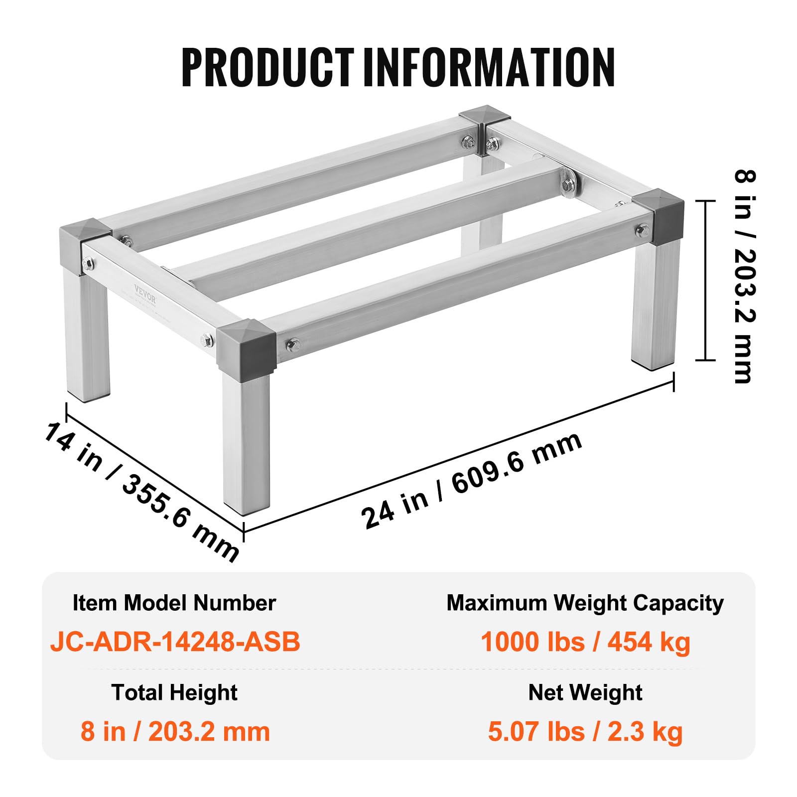 VEVOR Rack de Calage en Aluminium, 61x35,6x20,3 cm, Support de Stockage Commercial, Capacité de Charge 454 kg, Assemblage Facile, pour Rangement Aliments au Sol, dans Restaurants, Cuisines, Garages