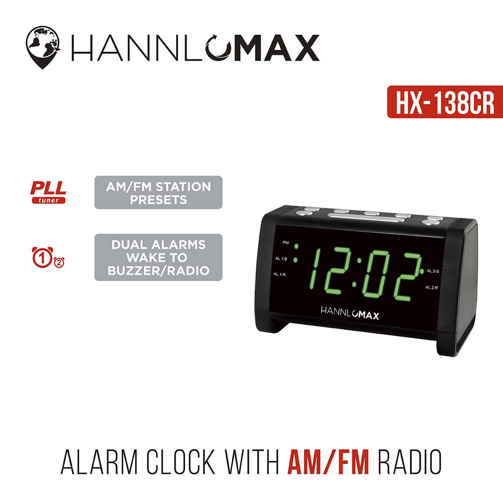 HANNLOMAX HX-138CR - Radiosveglia PLL AM/FM con stazioni preimpostate, display a LED verde da 1,4", doppio allarme, solo funzionamento CA. (nero)