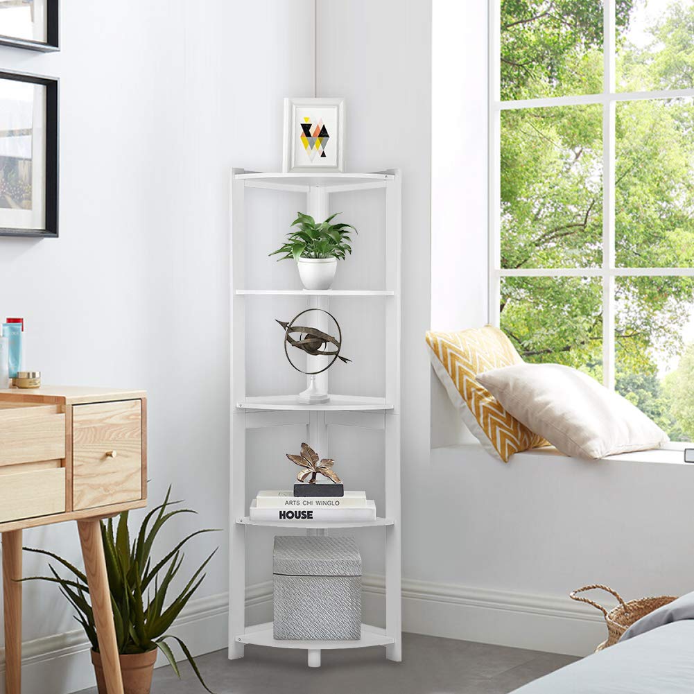 White Corner Bookshelf, Corner Shelf Unit Modern 5Tier Wooden Corner