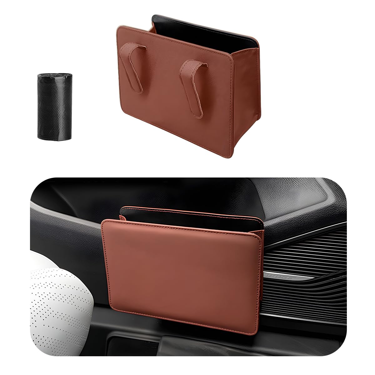 Yourkar Car Trash Can, Foldable Waterproof Leather Car Garbage Organizer Holder, Automotive Mini Dustbin Container with One Roll Trash Bag, Universal Interior Car Accessories (Brown)