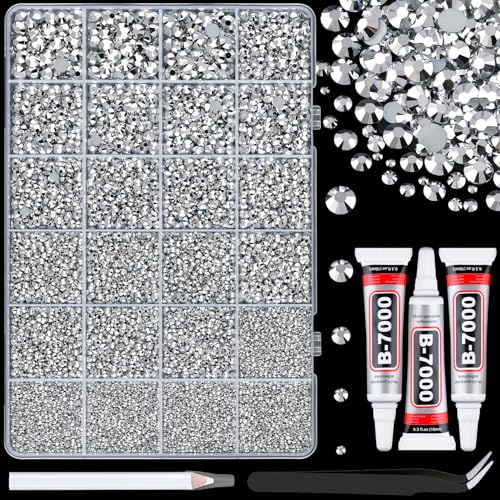 Image of 25000Pcs Resin Rhinestones with Tweezers for Crafting, Silver 2-6mm Mixed Sizes Bedazzling Crystal with 3Pcs 10ml B7000 Jewelry Glue for DIY Crafts Clothing Tumblers Shoes Fabric Nail Art
