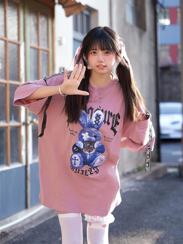 地雷系くま柄オーバーサイズトップス 袖ジッパー付き 可愛いシンプルカジュアル 地雷系くま柄オーバーサイズトップス 袖ジッパー付き 可愛い