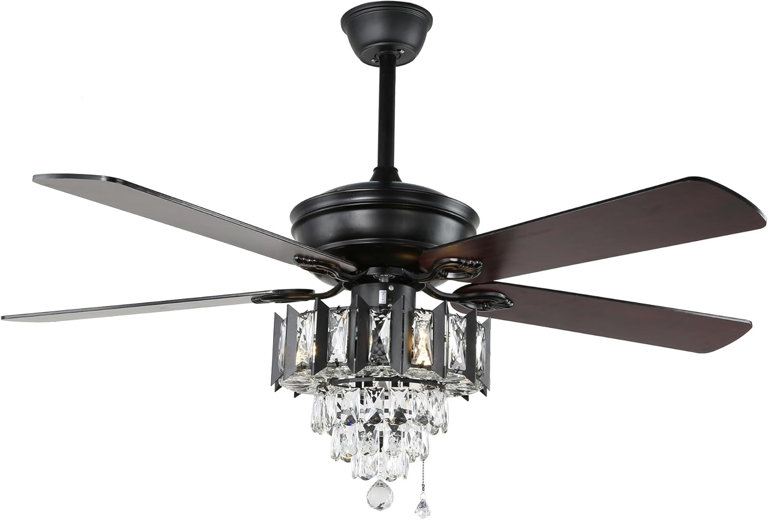 Bella Depot 52-inch ceiling fan with five reversible blades, one side dark wood grain, the other side black, attached to the motor housing.