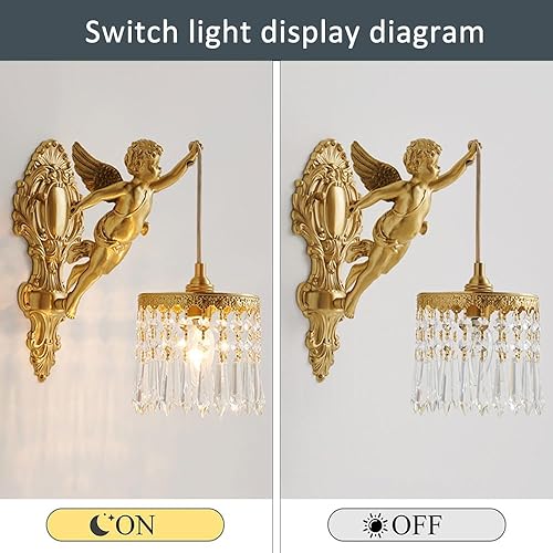 Miniatura 4 de Lámpara de pared con alas decorativas de ángel, aplique de cristal retro, lámparas de pared de lujo doradas, para sala de estar, dormitorio, mesita