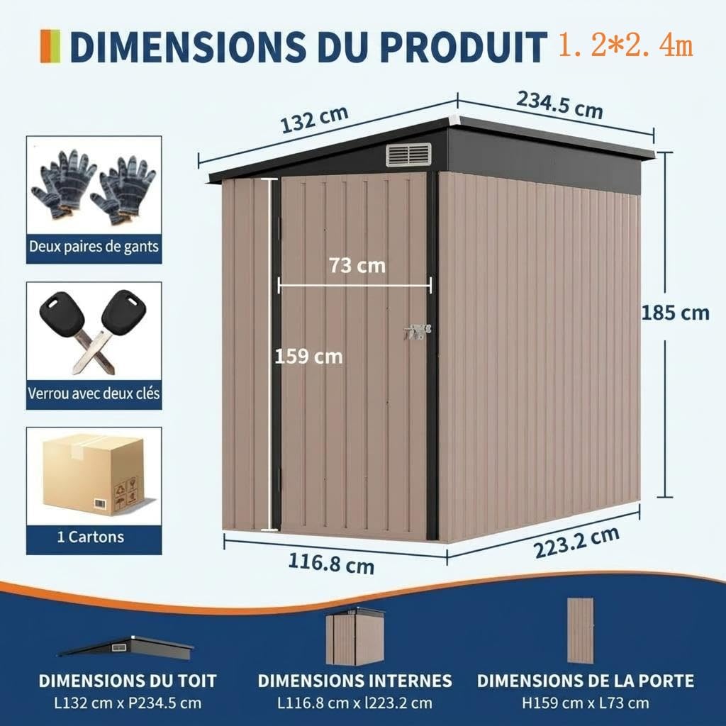 Garvee Abri De Jardin Métallique 1.2x2.4m, Remise Extérieure Adossée | Rangement Polyvalent pour Outils, Robuste Et Étanche, Poubelles Et Vélos, Idéal pour Terrasse Et Jardin
