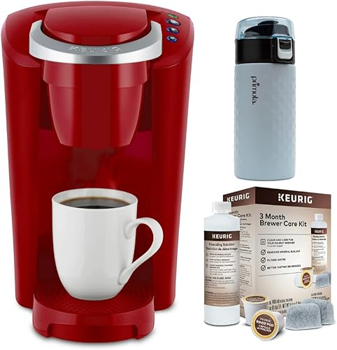 Keurig K-Compact - Cafetera K-Cup de una sola porción rojo imperial paquete con kit de mantenimiento de cafetera Keurig de 3 meses y vaso de acero